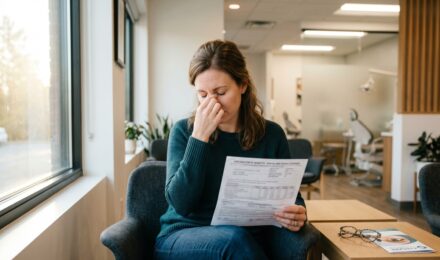 Person reviewing standalone dental and vision insurance plan documents at a desk with a calculator and eyeglasses nearby