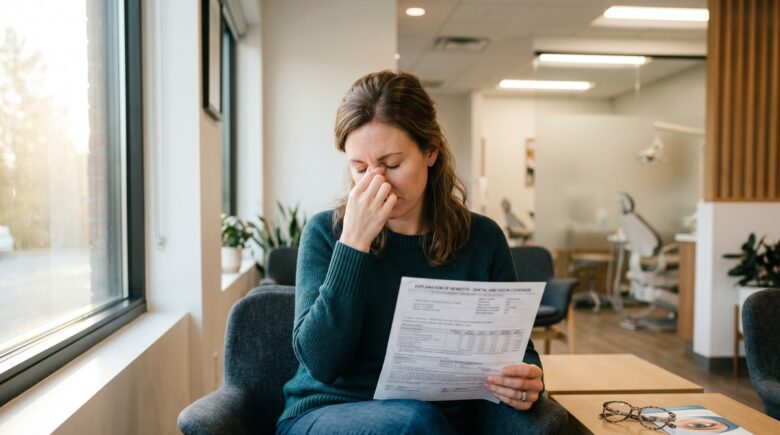 Person reviewing standalone dental and vision insurance plan documents at a desk with a calculator and eyeglasses nearby