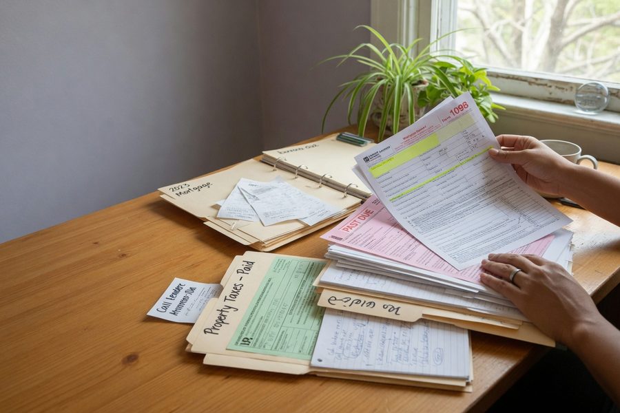 A calculator and tax forms on a desk showing itemized deduction worksheet next to standard deduction chart