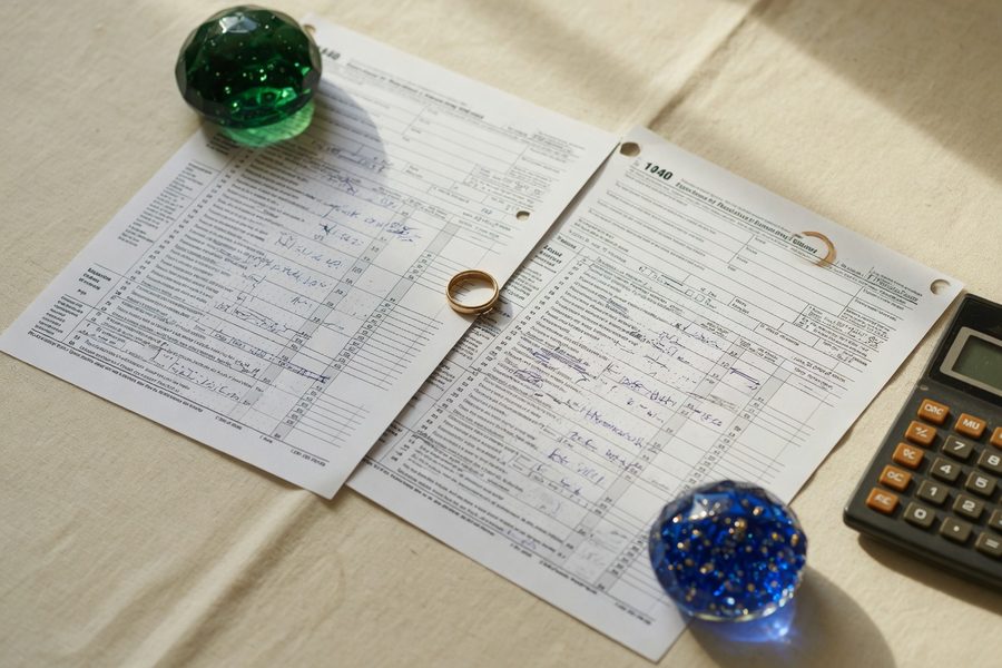 Tax forms, calculator, and a house key