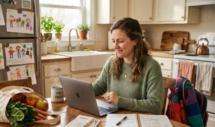 Stay-at-home parent reviewing household budget and bills at a kitchen table with a laptop and notebook