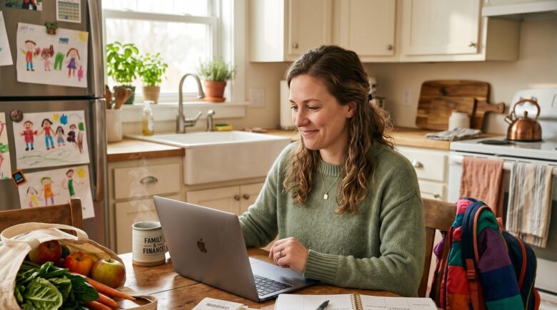 Stay-at-home parent reviewing household budget and bills at a kitchen table with a laptop and notebook
