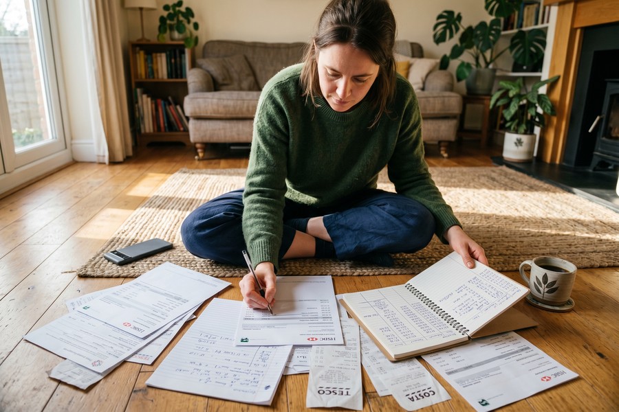 A stay-at-home parent reviewing monthly bank statements at a kitchen table with a notebook and calculator
