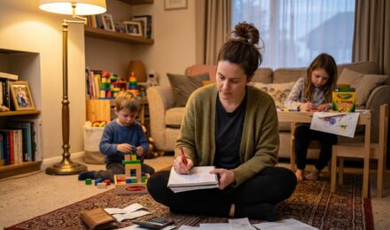 Stay-at-home parent reviewing household budget and expense categories at kitchen table