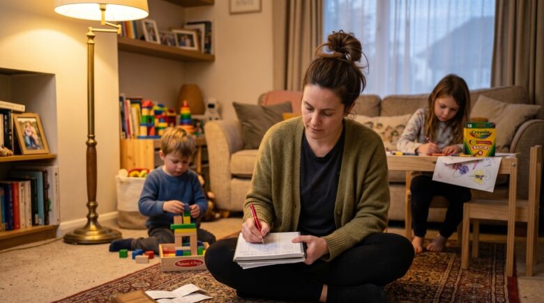 Stay-at-home parent reviewing household budget and expense categories at kitchen table