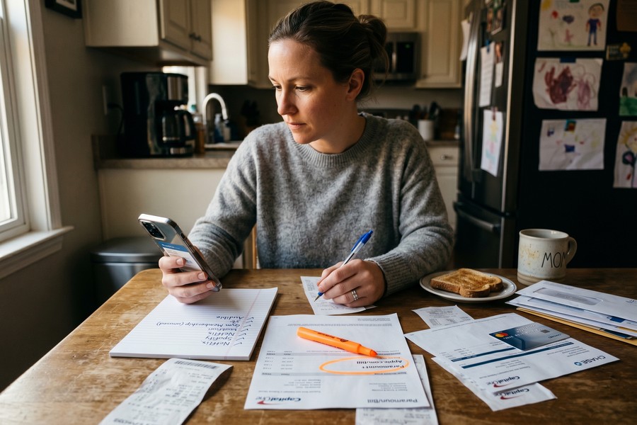 Stay-at-home parent reviewing monthly bank statements at a kitchen table