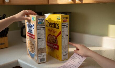 Comparison of store brand and name brand products on grocery store shelves