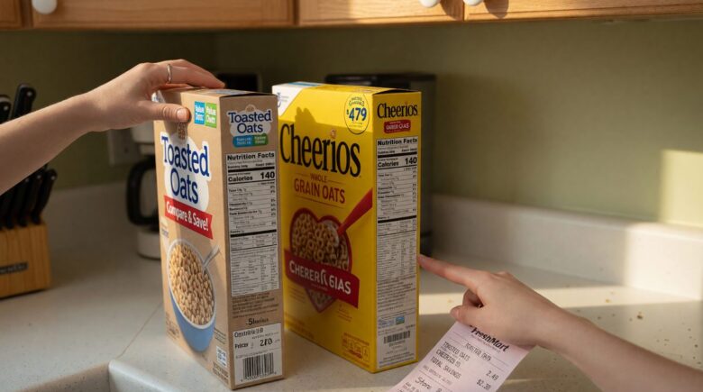 Comparison of store brand and name brand products on grocery store shelves