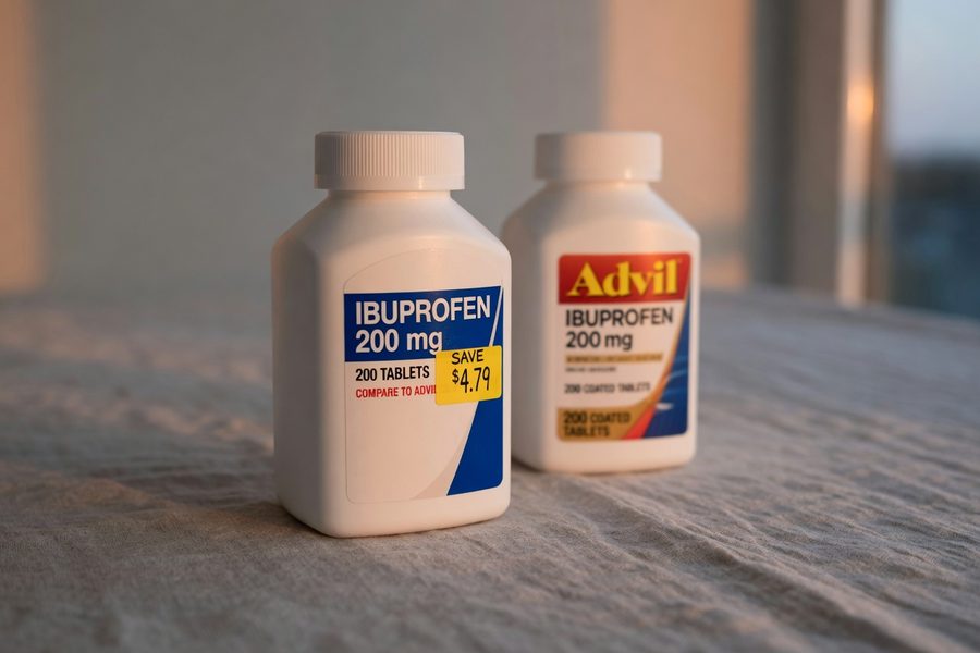 Generic and name brand OTC medication bottles side by side on pharmacy shelf