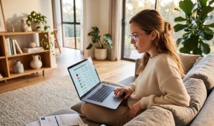 Person reviewing bank statements on a laptop to identify and cancel unused subscription charges
