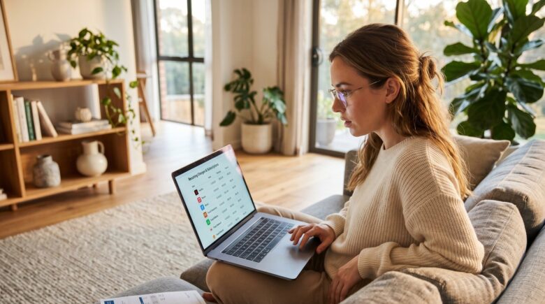 Person reviewing bank statements on a laptop to identify and cancel unused subscription charges