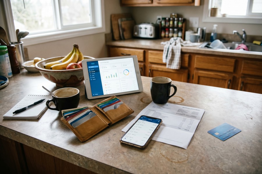 Person reviewing bank and credit card statements on a laptop, spreadsheet visible