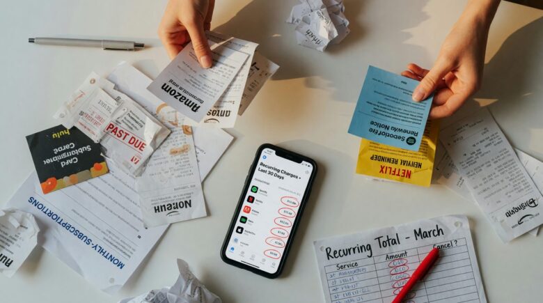 Smartphone displaying list of subscription services with checkmarks for review and cancellation