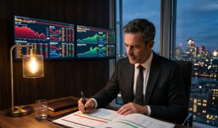 Investor reviewing a brokerage portfolio on a laptop screen, identifying underperforming positions for tax loss harvesting