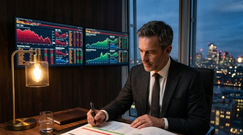 Investor reviewing a brokerage portfolio on a laptop screen, identifying underperforming positions for tax loss harvesting