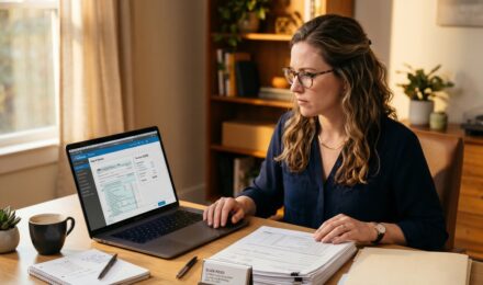 Person sitting at a desk comparing tax software on a laptop with a folder labeled CPA documents beside them