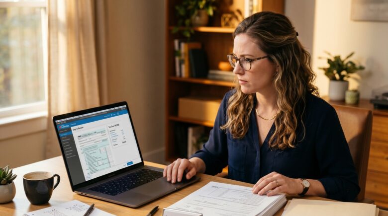 Person sitting at a desk comparing tax software on a laptop with a folder labeled CPA documents beside them