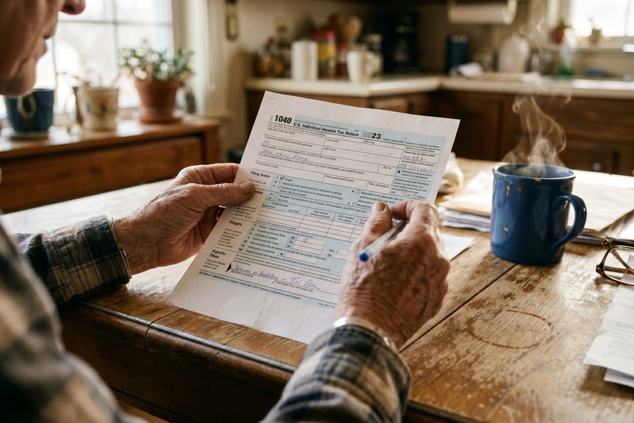 Person completing tax return on laptop with W-2 form and calculator on desk