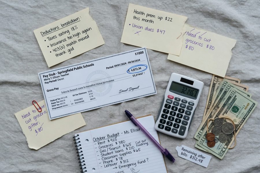 Teacher reviewing monthly budget spreadsheet with Roth IRA contribution line highlighted