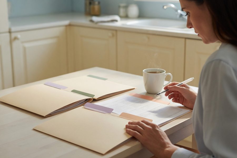 Teacher reviewing monthly utility bill with energy-saving thermostat shown nearby