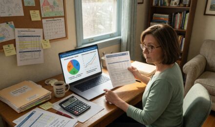 Teacher working at desk with retirement planning documents and calculator
