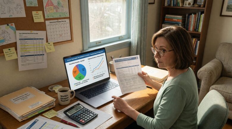 Teacher working at desk with retirement planning documents and calculator