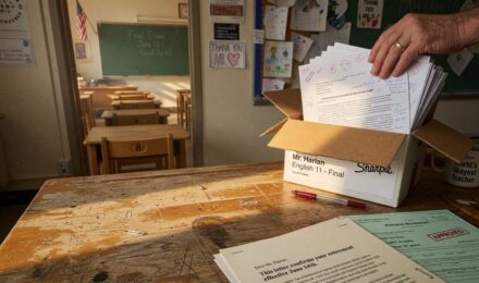 Teacher in classroom looking at retirement calculator and financial documents on desk