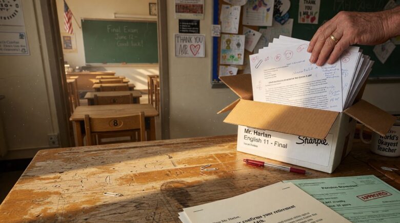 Teacher in classroom looking at retirement calculator and financial documents on desk