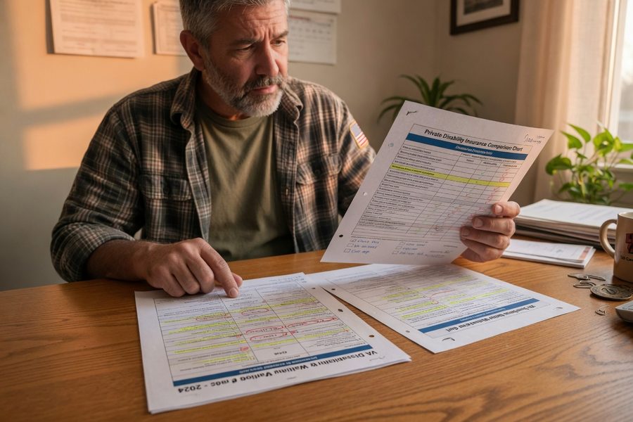 Veteran reviewing mortgage documents and Certificate of Eligibility at a desk with a laptop