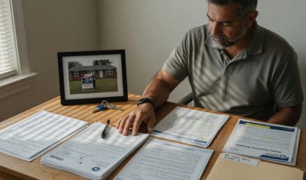 Military service member and spouse reviewing VA loan documents at a kitchen table