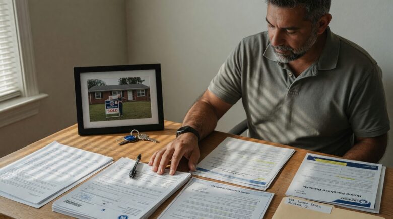 Military service member and spouse reviewing VA loan documents at a kitchen table