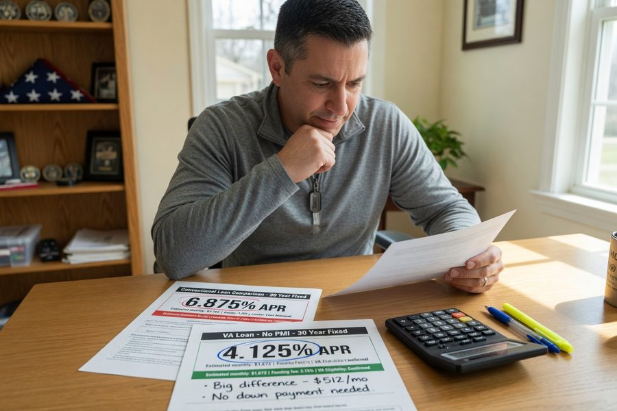 Military homebuyer reviewing VA loan documents at kitchen table with laptop open