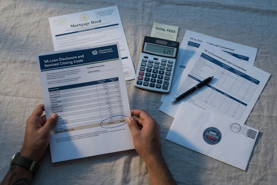 VA loan closing process checklist with military housing paperwork and pen
