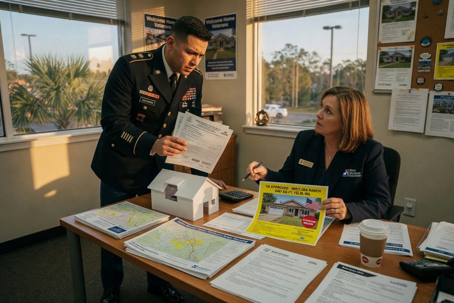 Side-by-side comparison chart of VA, FHA, and conventional mortgage costs for military buyers
