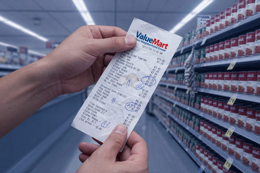 Side-by-side bulk staples comparison at a Costco warehouse aisle versus a standard grocery store shelf