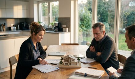 Couple sitting at a table with a mortgage document and house keys between them during a divorce settlement discussion