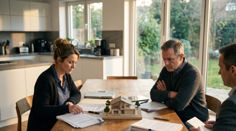 Couple sitting at a table with a mortgage document and house keys between them during a divorce settlement discussion
