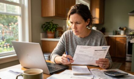 Person reviewing health insurance plan documents with a calculator and pen on a desk