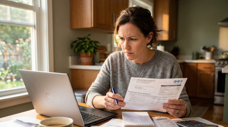 Person reviewing health insurance plan documents with a calculator and pen on a desk