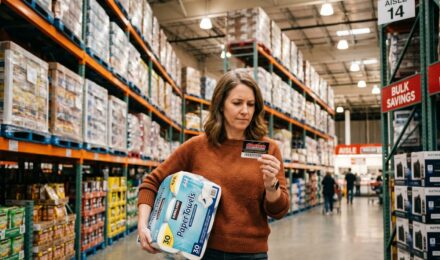 Shopping cart filled with bulk grocery items in a warehouse club store aisle
