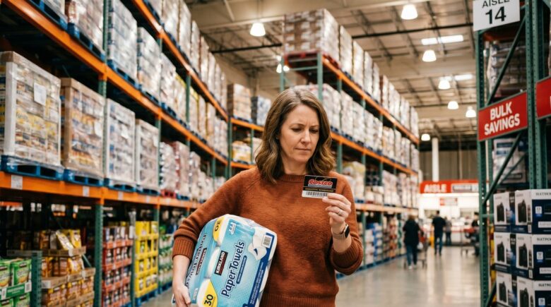 Shopping cart filled with bulk grocery items in a warehouse club store aisle