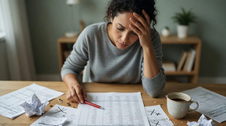 Person reviewing budget spreadsheet with income and expense calculations