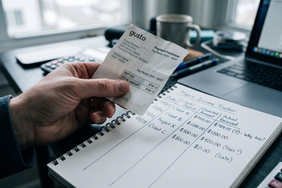 Freelancer reviewing monthly income data to build a zero-based budget with variable earnings