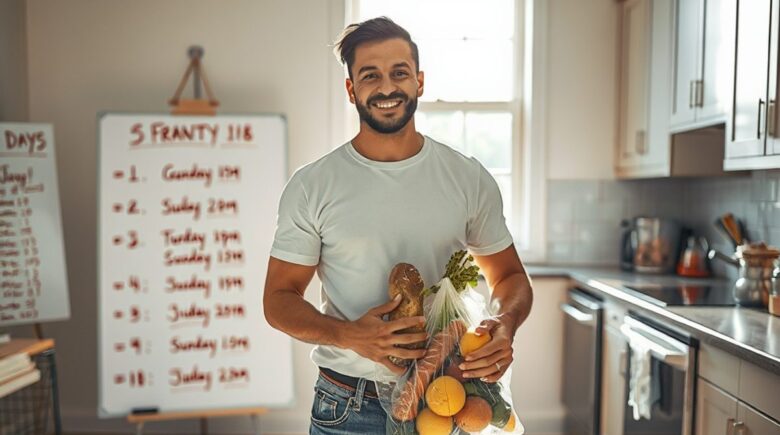 Texas single dad grocery shopping with family, focusing on budget-friendly meal planning