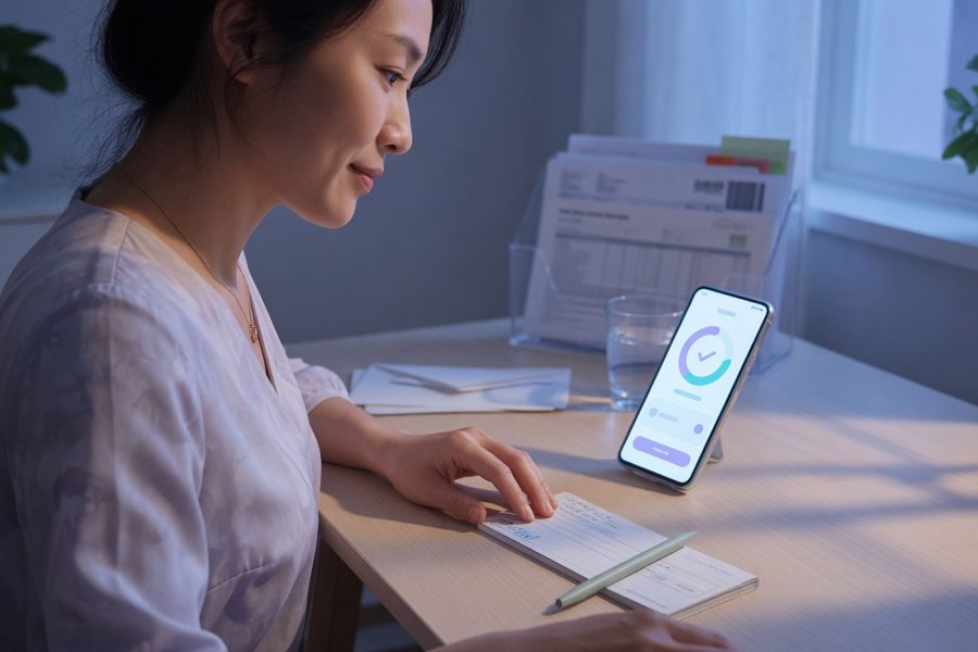 Calendar with marked bill due dates next to a smartphone showing banking app notifications