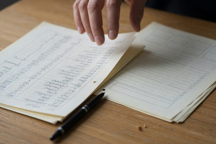 Person reviewing banking app on phone while referencing a paper spreadsheet at a desk