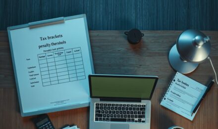 Business owner reviewing tax documents and asset allocation forms for business sale