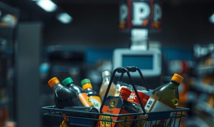 Grocery store shelves showing brand-name and store-brand products side by side
