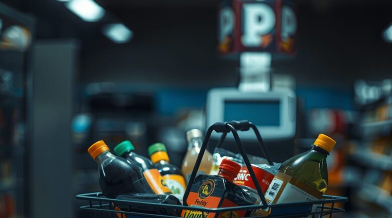 Grocery store shelves showing brand-name and store-brand products side by side