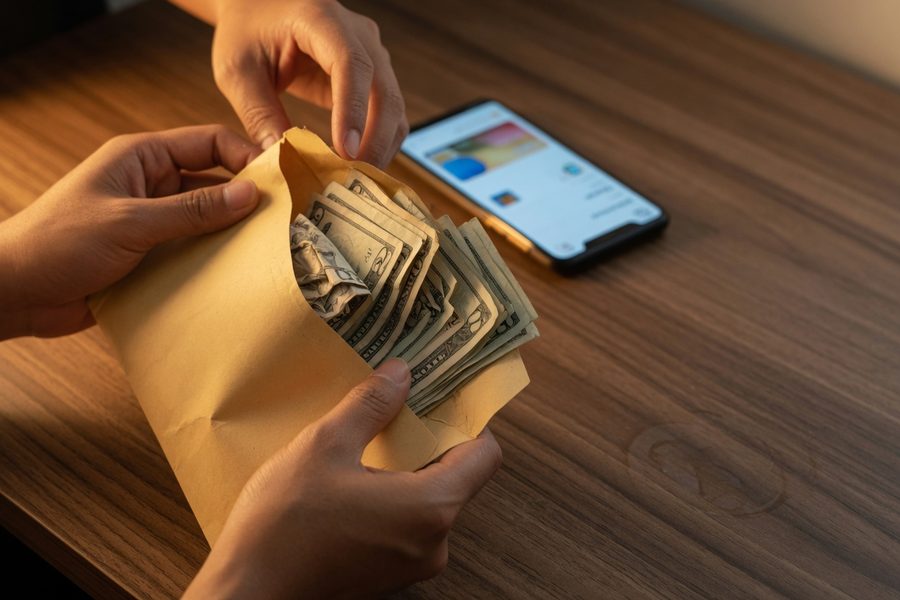 Person checking budget app on phone while holding a credit card, showing spending decision moment